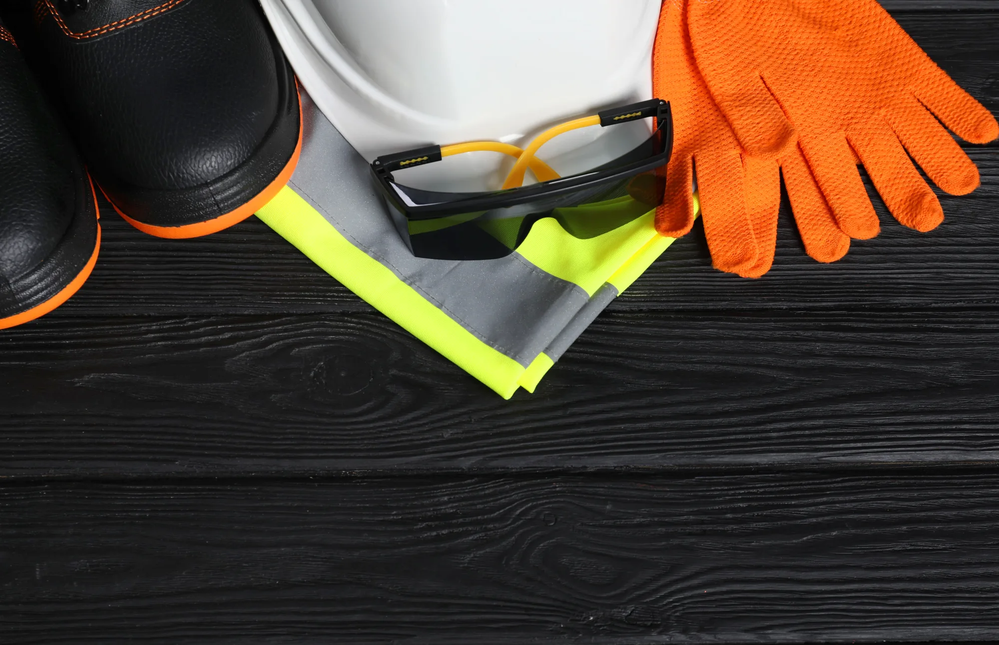 Hard hat, safety glasses, gloves, high-visibility vest and work boots arranged on a workbench.
