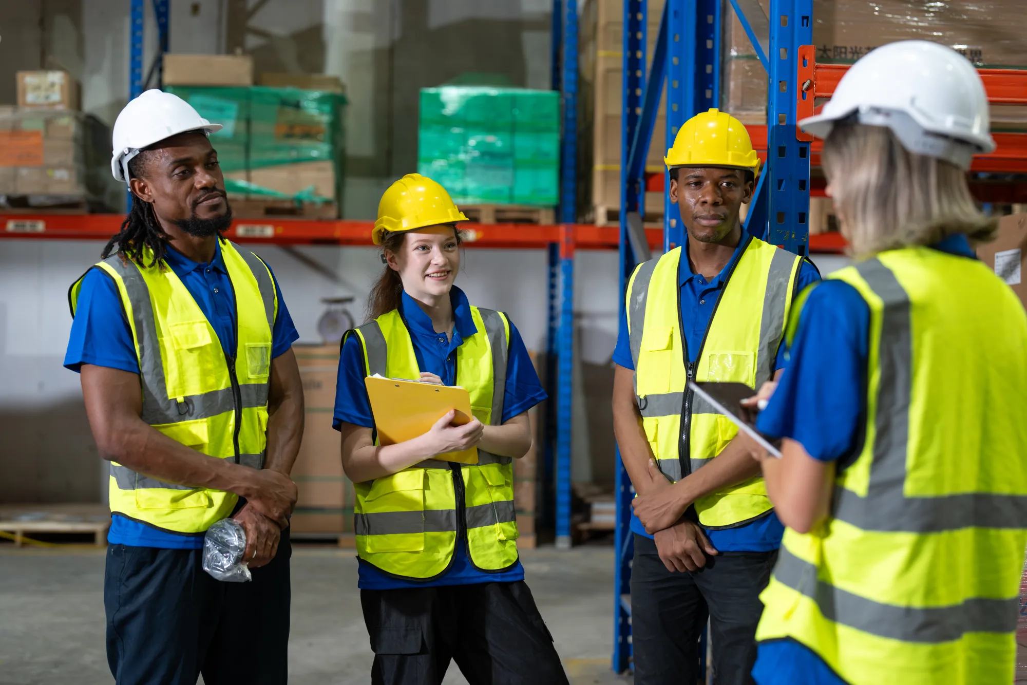 Warehouse team wearing high-visibility clothing during a safety briefing.