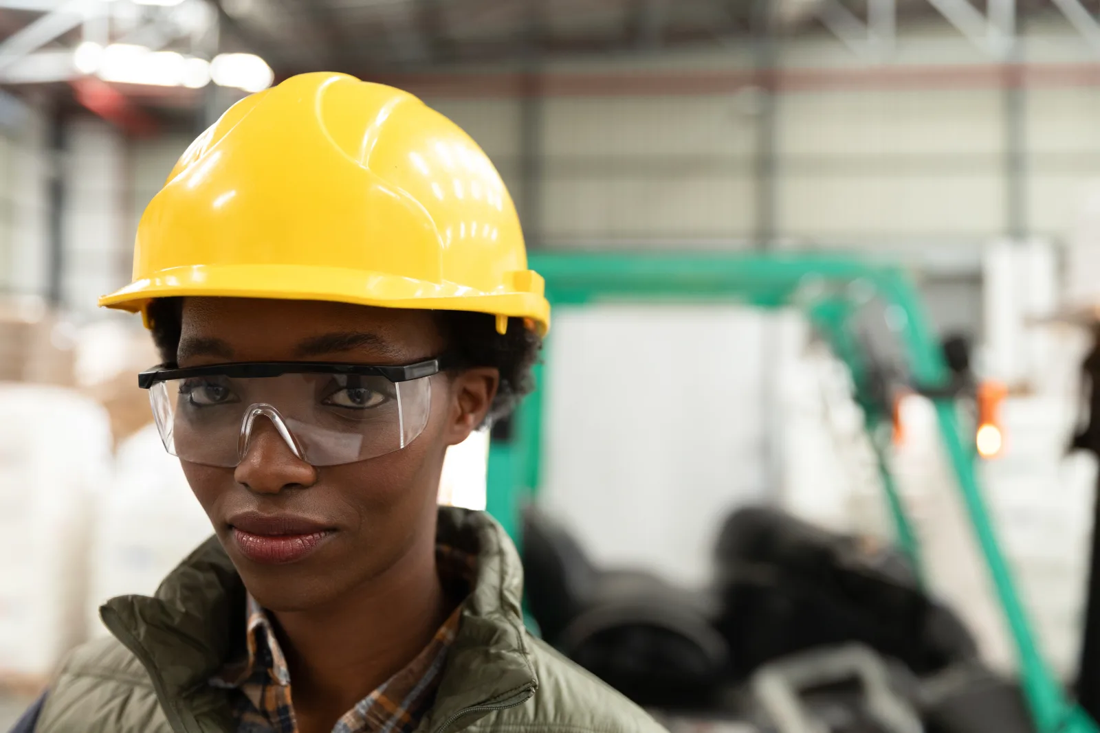 Factory worker wearing a yellow hard hat and clear safety glasses.